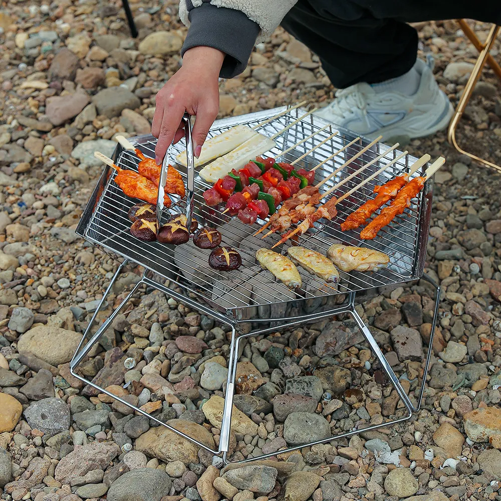 For Portable 6-Sided Wood Stove, Camping Fire Pit with Grill Grate, Foldable Charcoal BBQ for Picnic