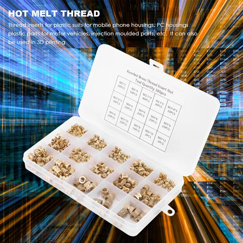 380Pcs Thread Inserts M2 M2.5 M3 M4 M5 M6 Metric Female Thread Brass Knurled Threaded Embedment Nuts Assortment Kit