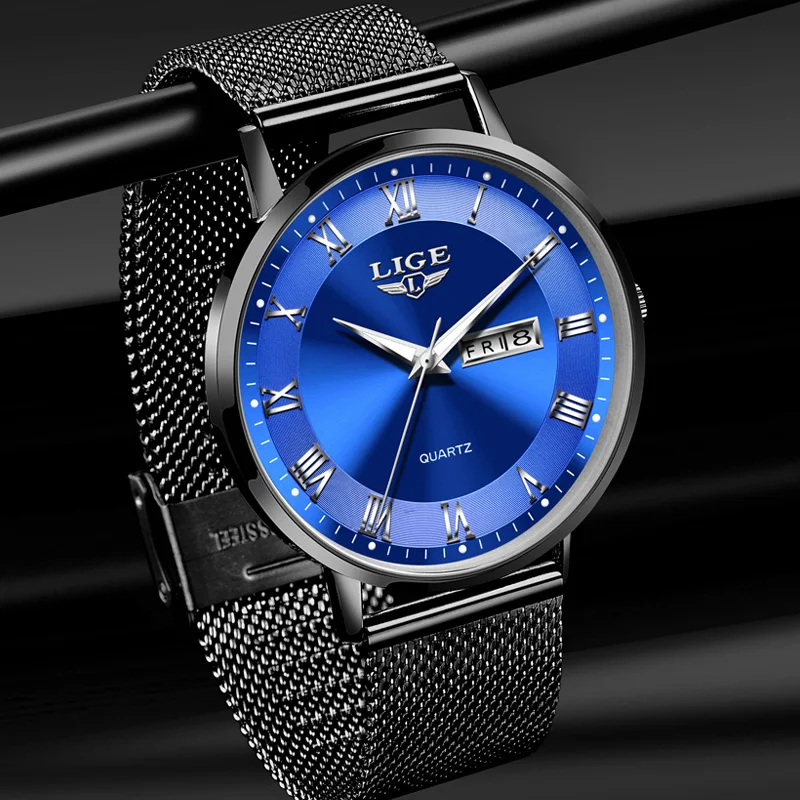 LIGE Mens Fashion Ultra Thin Watches Minimalist Simple Men Business Stainless Steel Quartz Watch for Men Date Week Wristwatch