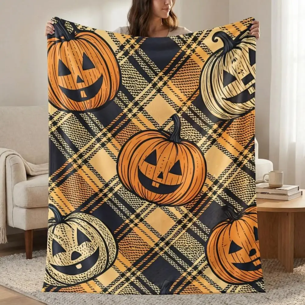 Plaid Pattern with Jack O'Lanterns in Orange, Black, And Cream Colors for Halloween Decor - Seasonal Flannel Blanket for Camping And Living Room, Machine Washable, Ideal Gift for Parents And Friends, Perfect Travel Companion