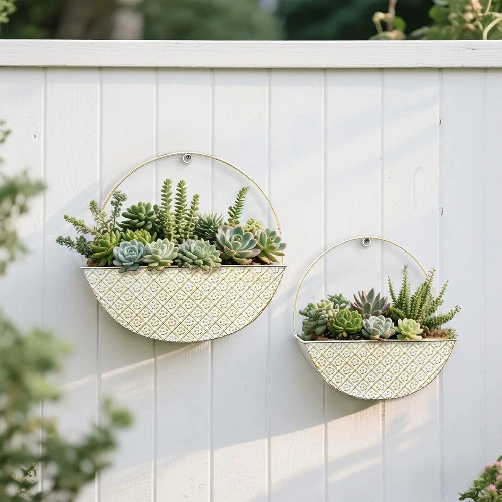 decorative-wall-mounted-planter-set-semicircle-metal-hanging-flower-pot-with-diamond-pattern-vintage-style-garden-home-decor