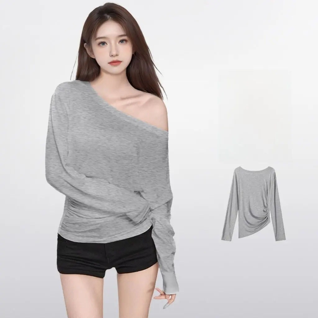 

Women's White Off-Shoulder T-Shirt Thin Long-Sleeved Blouse Sun Protection Summer Outer Top with Slanted Shoulder Design