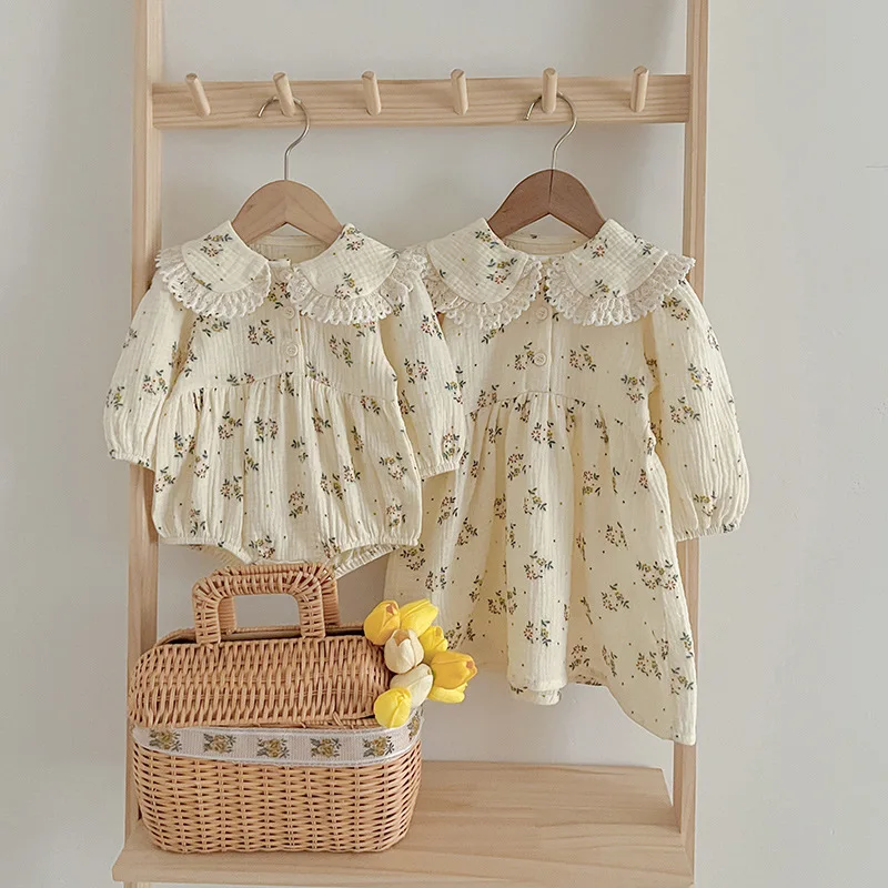 

Baby Clothes Spring and Autumn New Style Girl Baby Long Sleeve Romper Doll Collar Floral Dress Sister Outfit