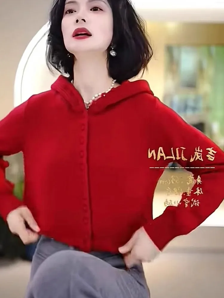 السنة الجديدة الأحمر فضفاض محبوك قبعة سترة طويلة Sve عادية Ele المرأة لينة مريحة ملابس خارجية الكورية Sle قطع مستقيمة