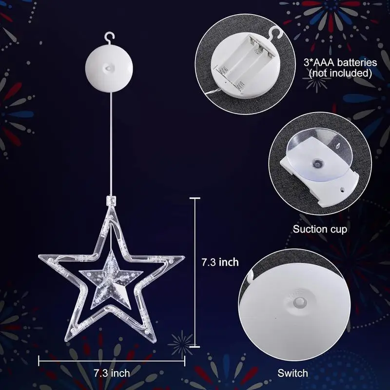 Lumières LED du 4 juillet pour décoration murale, éclairage ambiant à piles pour le jour commémoratif, lumières étoiles avec partie à ventouse