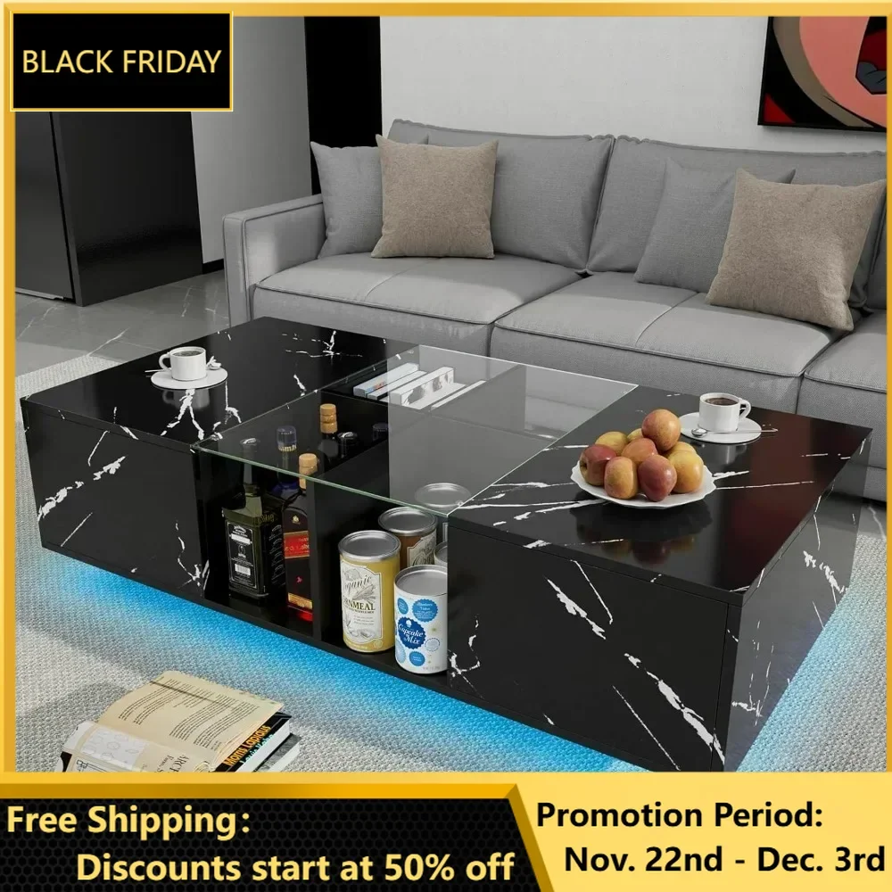 Coffee Table with Storage, LED Rectangular Wood Coffee Table, Display Shelf & Large Sliding Drawers, Faux Marble Glass Table