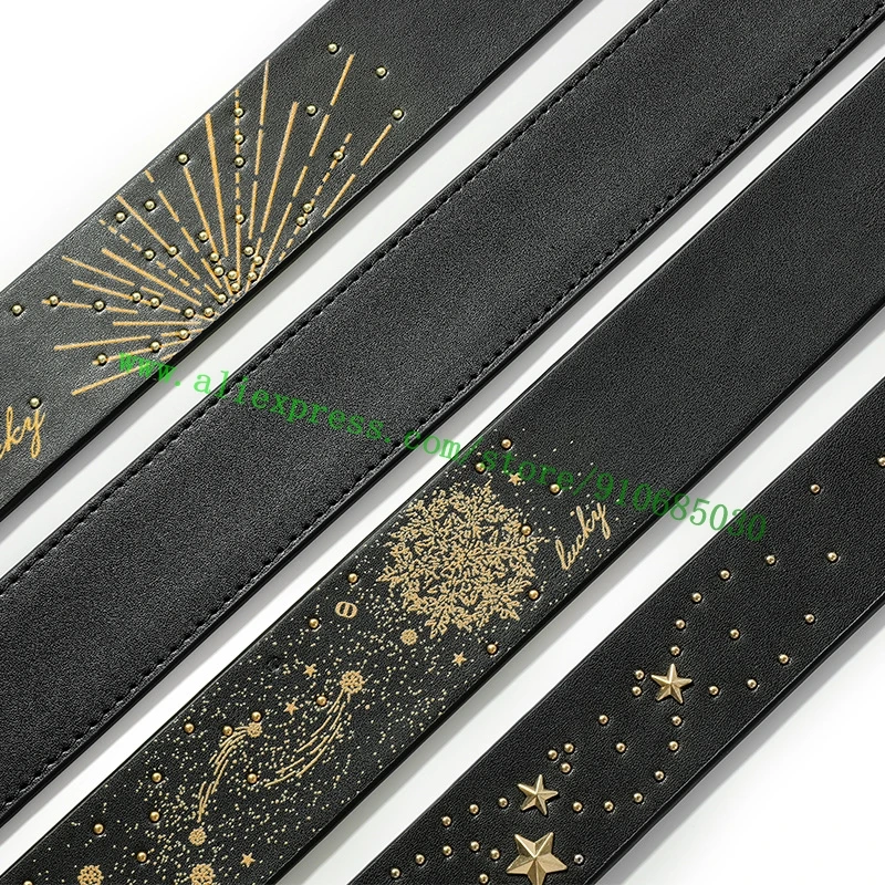 Top Quality Black Real Leather Stars Studded Firework Bag Strap For Designer Lady Handbag Women Shoulder Purse Carry Belt