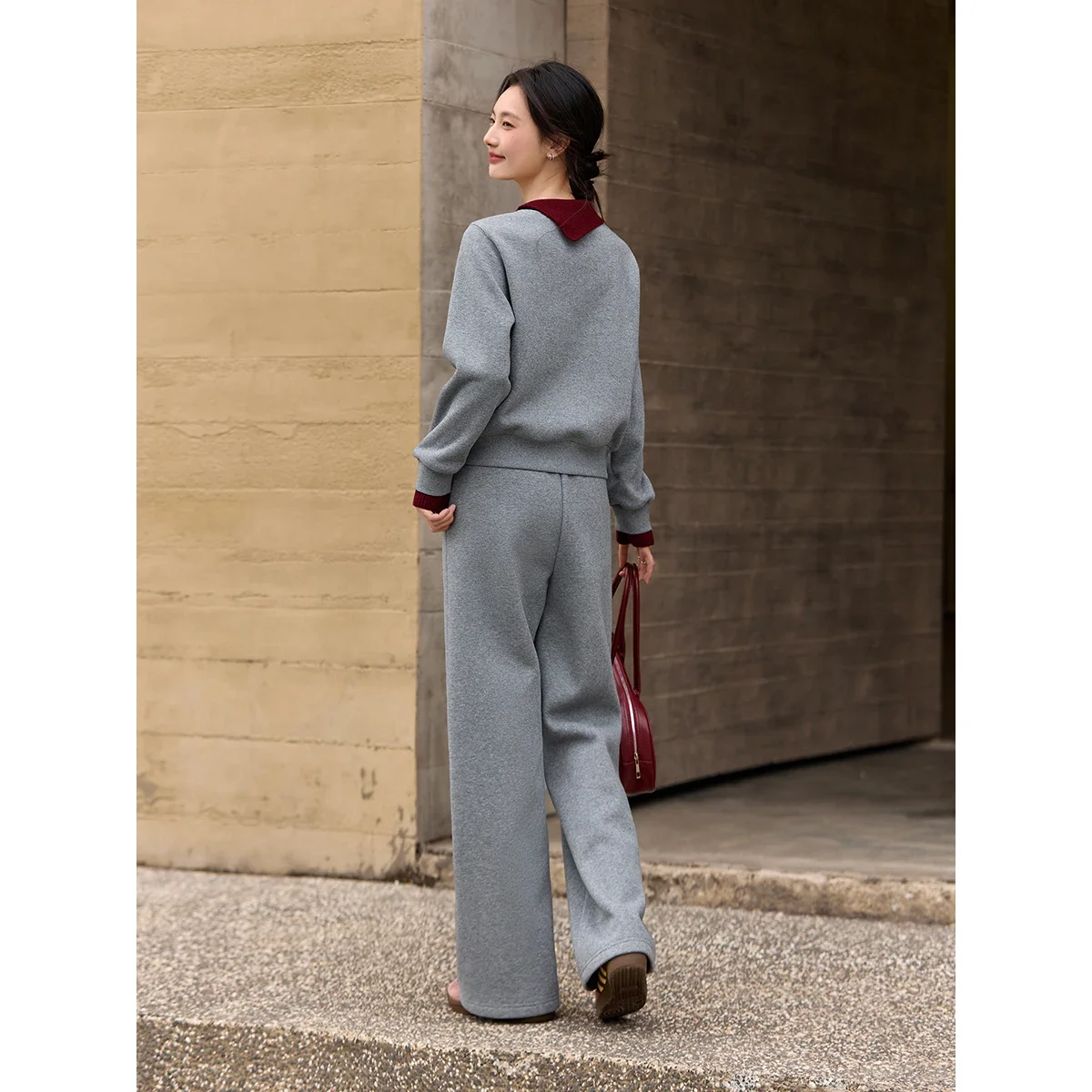 VIMLY Grey Two-piece Set for Women 2026 Winter New Crew Neck Sweatshirt Wide Leg Long Pants Casual Fashion Matching Outfit A3161