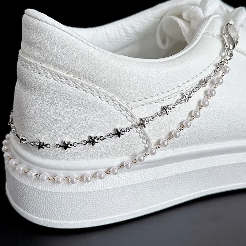 Perle Metall Doppel Layered Schuh Kette Männer Frauen Casual Schuh Zubehör Mode Schuhe Charms Seite Abnehmbare Schuh Dekoration 1 Stück – Detail 8