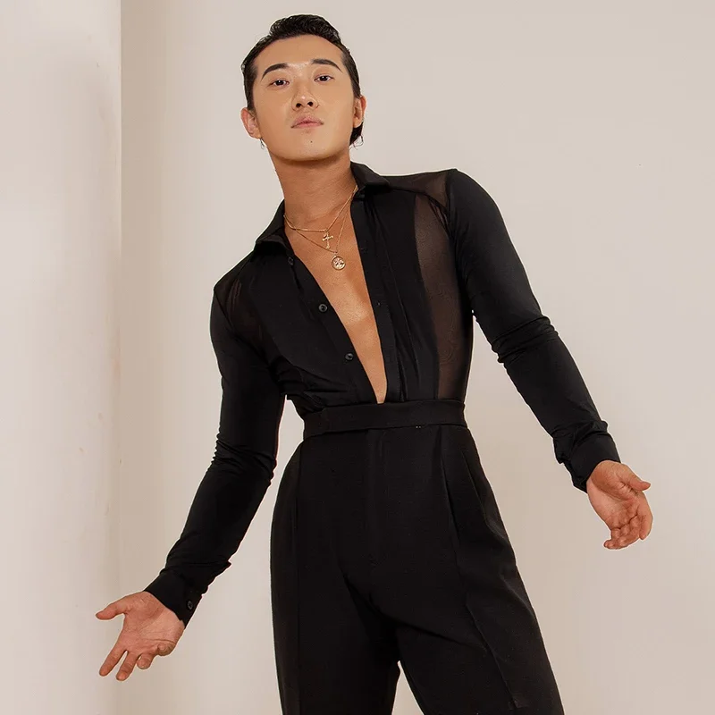 Black Mesh Latin Dance Tops Men V Neck Bodysuit Adult Male Ballroom Dance Performance Costume Cha Cha Rumba Salsa Shirt BL11200