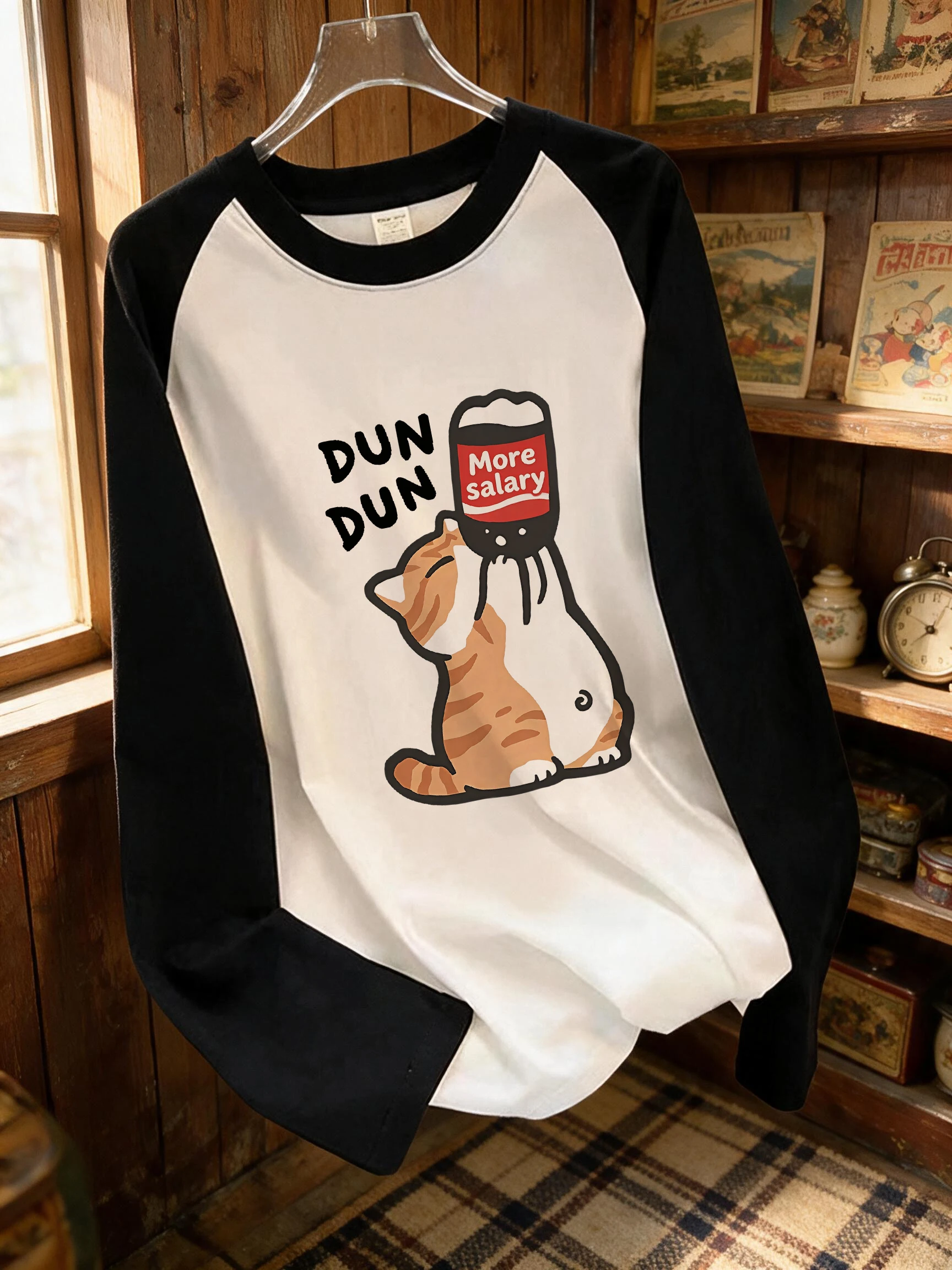 A Cat Drinking Cola Print Raglan Long Sleeve T Shirt Vintage Style Crew Neck Tops Women's Casual Graphic T-Shirt Clothing Outfit