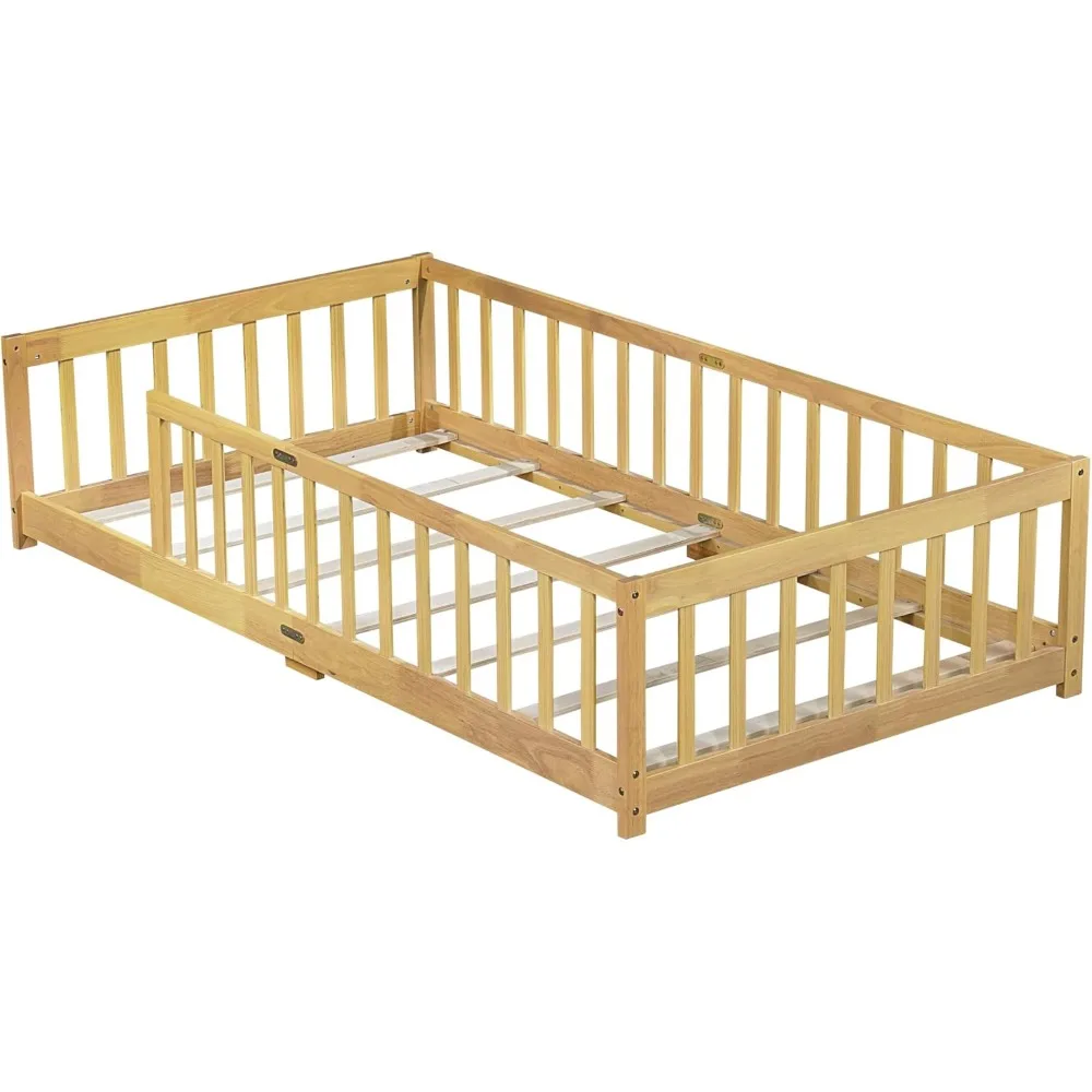 سرير أرضي للأطفال من مونتيسوري - مقاس مزدوج مع شرائح خشبية، ودرابزين أمان للأولاد والبنات