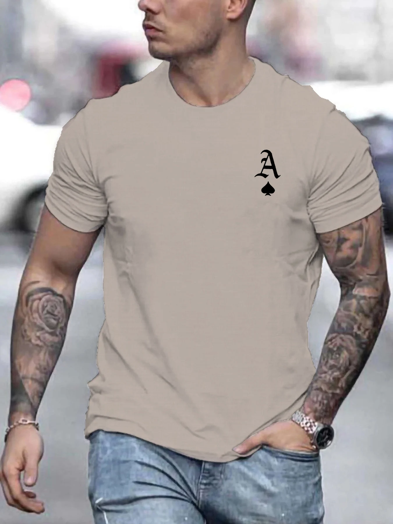 Men's Summer 100% Cotton Fashionable Casual Loose Classic Poker Card A-Line Printed Sports Round Neck Short Sleeved T-Shirt Top