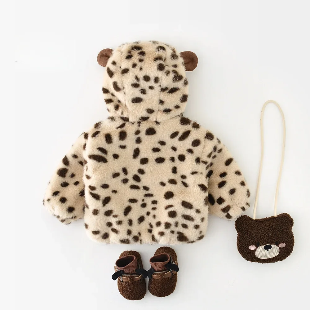 Winter Baby Girl Clothes Leopard Print Hooded Coat Warm Fleece Lined Jacket for 6M-3Y Children