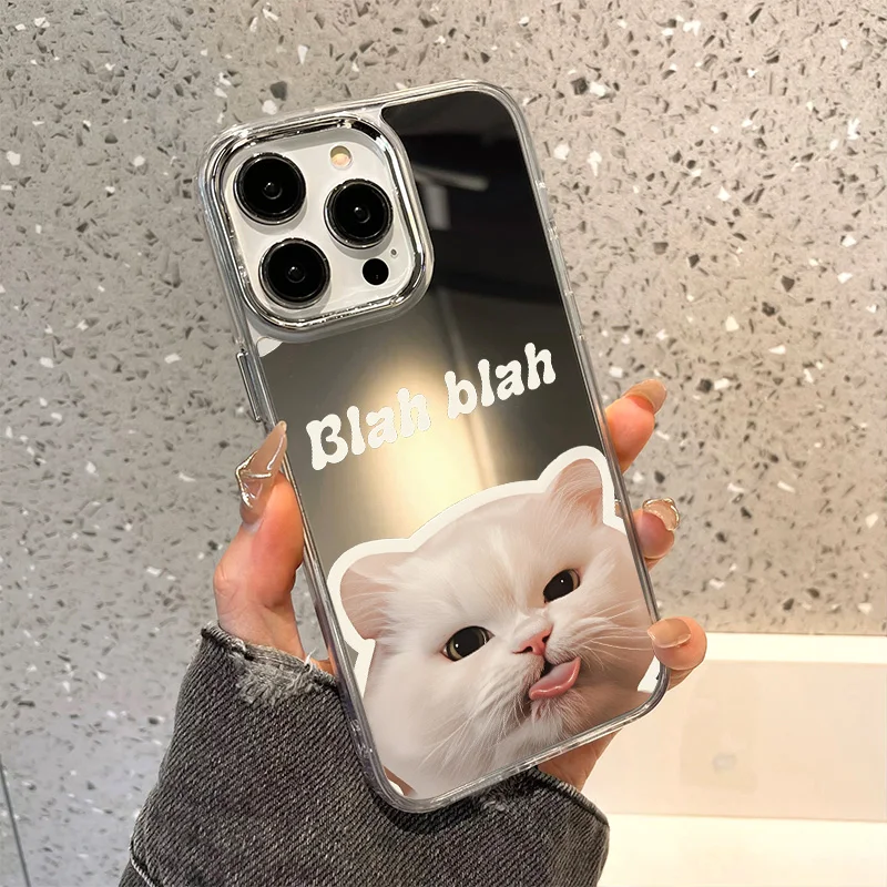Luxury Make UP Mirror Phone Case For iPhone 17 16 Pro Max 11 13 15 14 12 Air XS XR Cute White Cat Covers Fundas