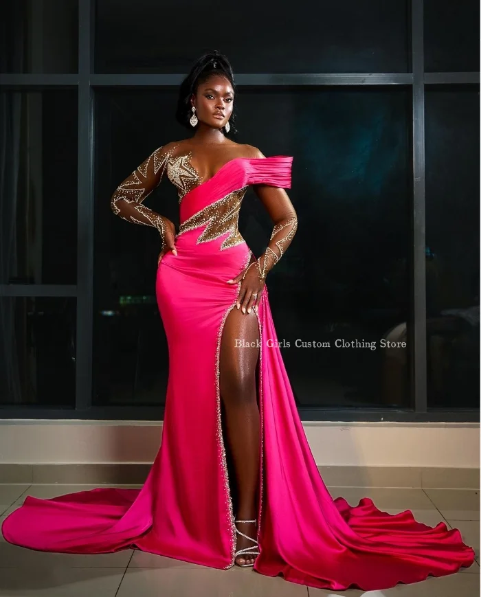 Exquisite Card Shoulder Satin Evening Gown Rose Pink Sexy High Split Beaded Crystal African Wedding Dress See Through Mesh Party