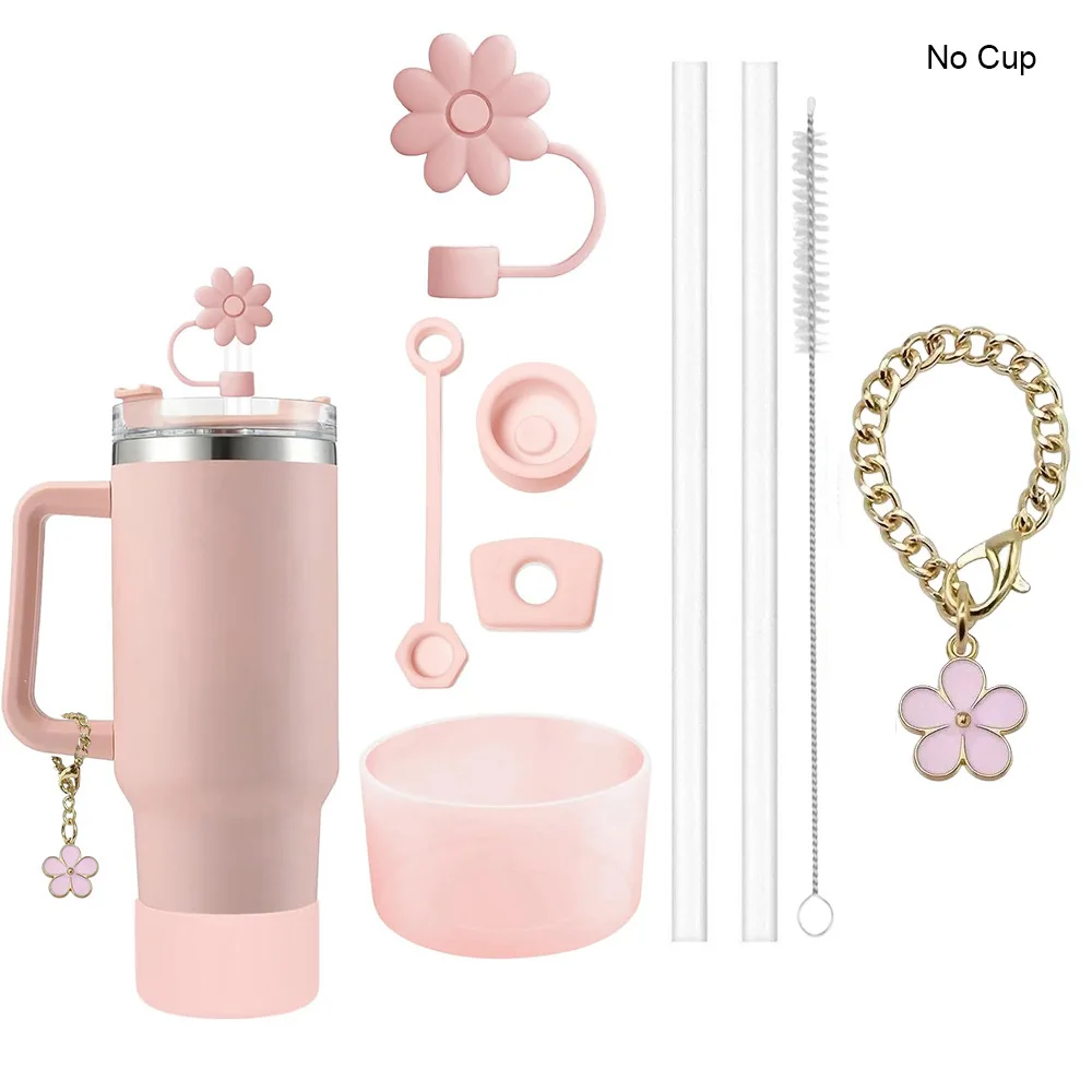 9 pçs conjunto de acessórios 3 rolha à prova de derramamento flores capa de palha bota 2 palha e escova e 1 flor charme corrente para stanley cup