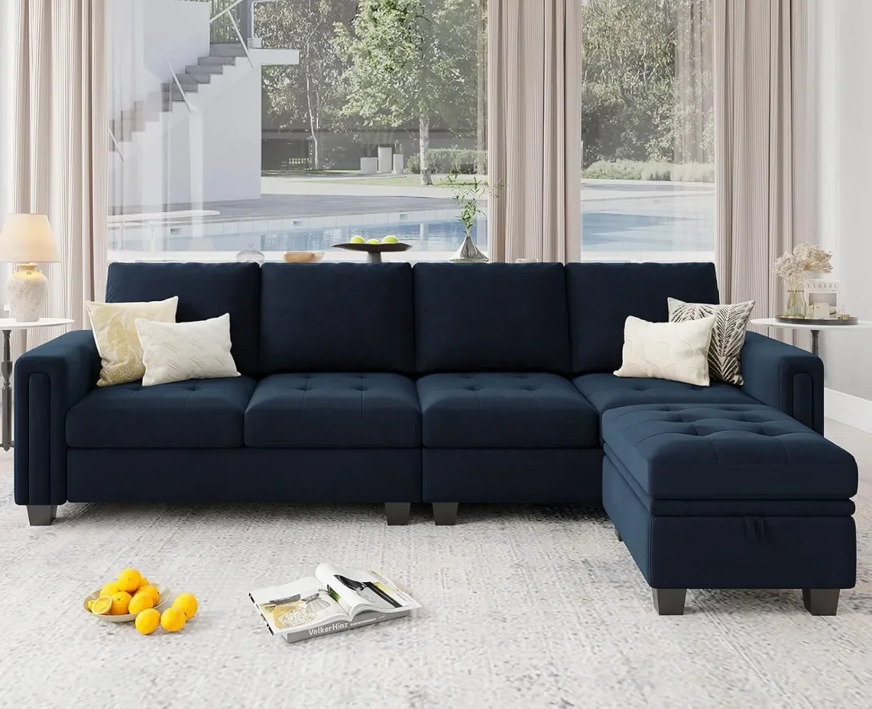 

Velvet Reversible Sectional Sofa with Chaise Convertible L Shaped 4-seat Sectional Couch with Storage Ottoman Blue