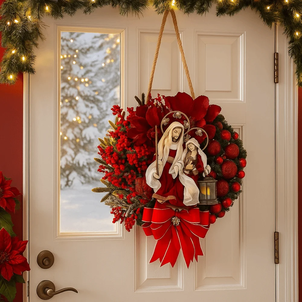 

Hot sale Red Christmas Wreath Wooden Oil Lamp Door Hanging Artificial Garland Reusable Flat Christmas Ornaments Fireplace Mantel