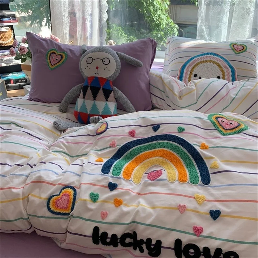 

Korean Ins Dopamine Rainbow Embroidered Washed Cotton Bedding set Duvet Cover Home Luxury No Filling Bedding Set Bed Sheets