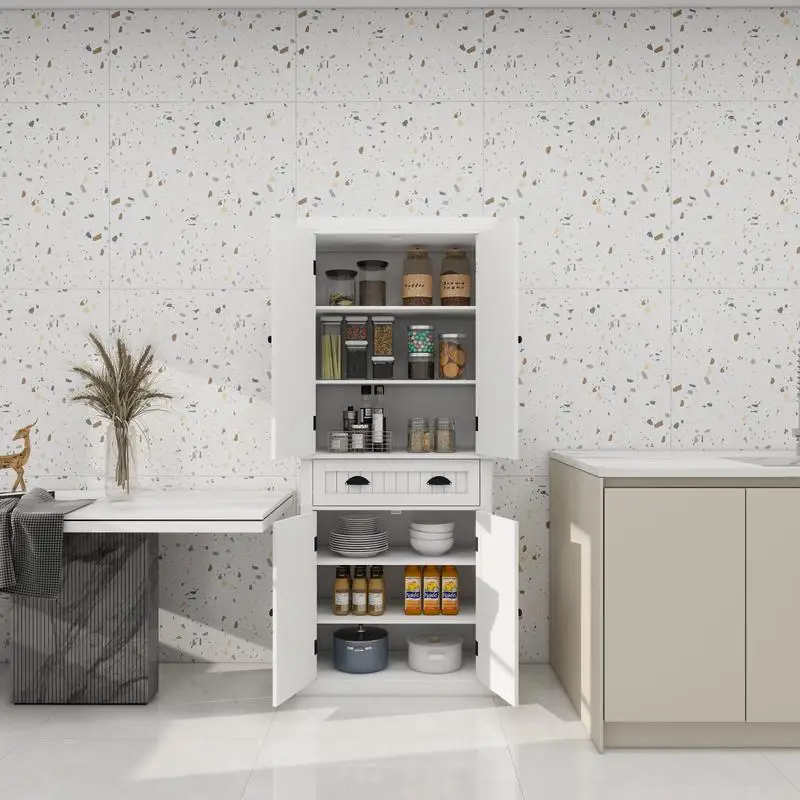 خزانة تخزين مخزن المطبخ مقاس 71 بوصة، 4 أبواب، درج، رفين قابلين للتعديل، خزانة قائمة بذاتها لغرفة الطعام، غرفة المعيشة،