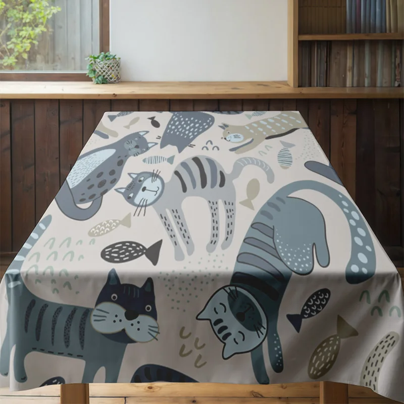 Modern Minimalist Animal Print Tablecloth for Dining Room Decoration Blue White Colorful Cats Design with Striped Fish Pattern S