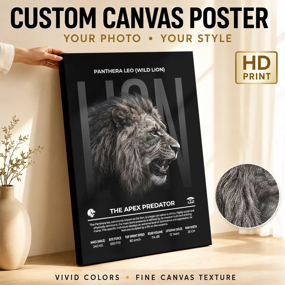 Panthera Leo Apex Predator Infographic Wild Lion Canvas Print Poster Personalized Photo Naturalist Canvas Wall Art Study Decor