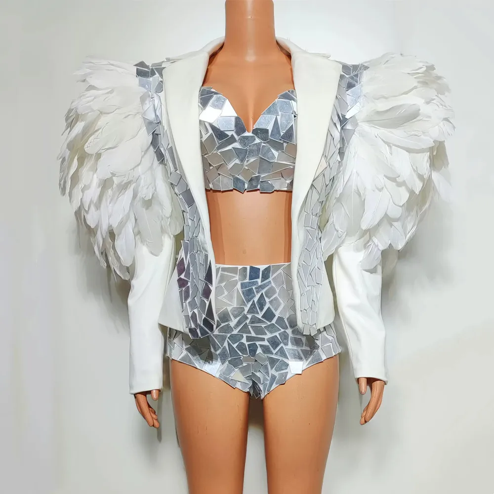 White Feather Mirror Coat Sequin Bikini Nightclub Stage Performance Dance Outfit Singer Concert Exaggerated Drag Queen Costume