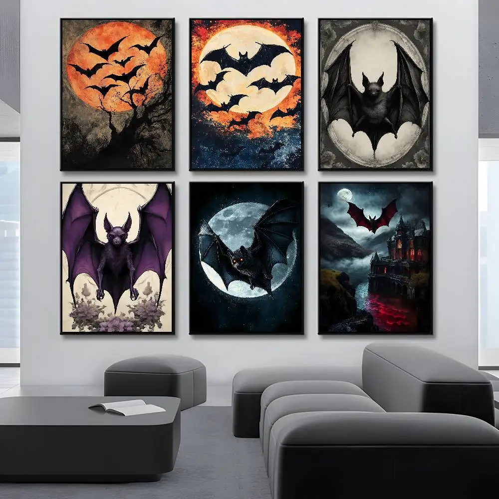 Halloween Fear Bats Poster Sticky Wall Art Printing Waterproof Home Living Bed Room Bar Aesthetic Decor