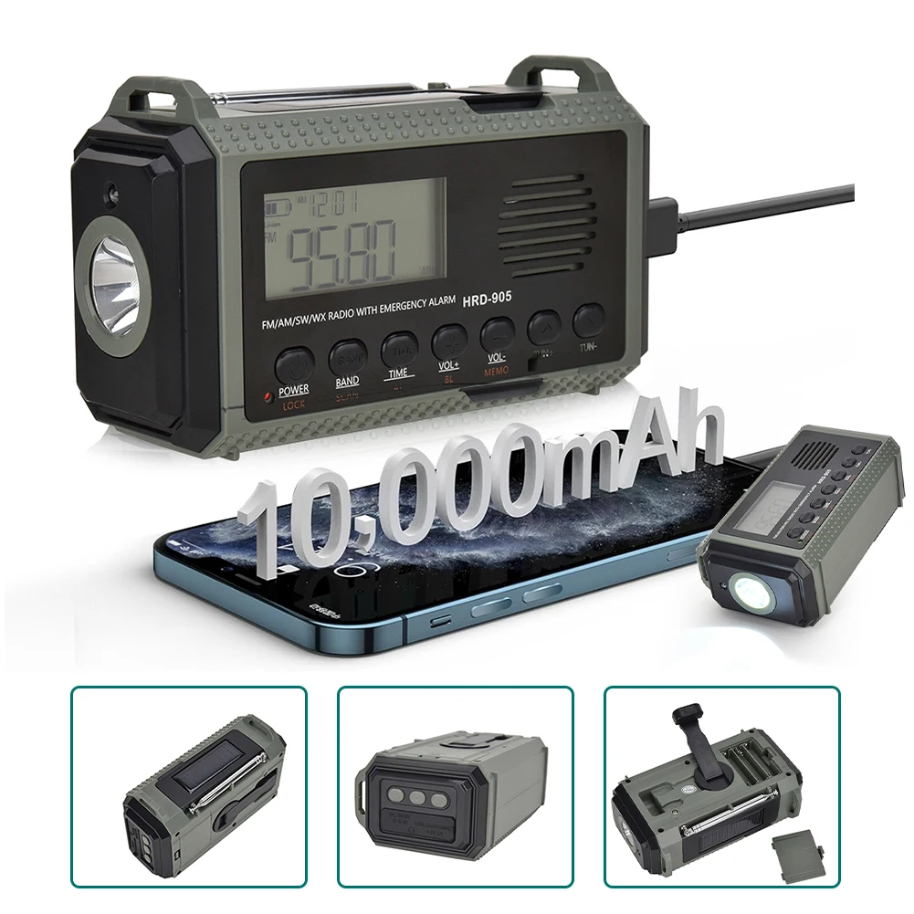 Wielofunkcyjne radio SOS Alarm Solar Hand Crank AM FM SW NOAA Radio pogodowe 3,5 mm Gniazdo słuchawkowe 10000MAh Power Bank do przetrwania