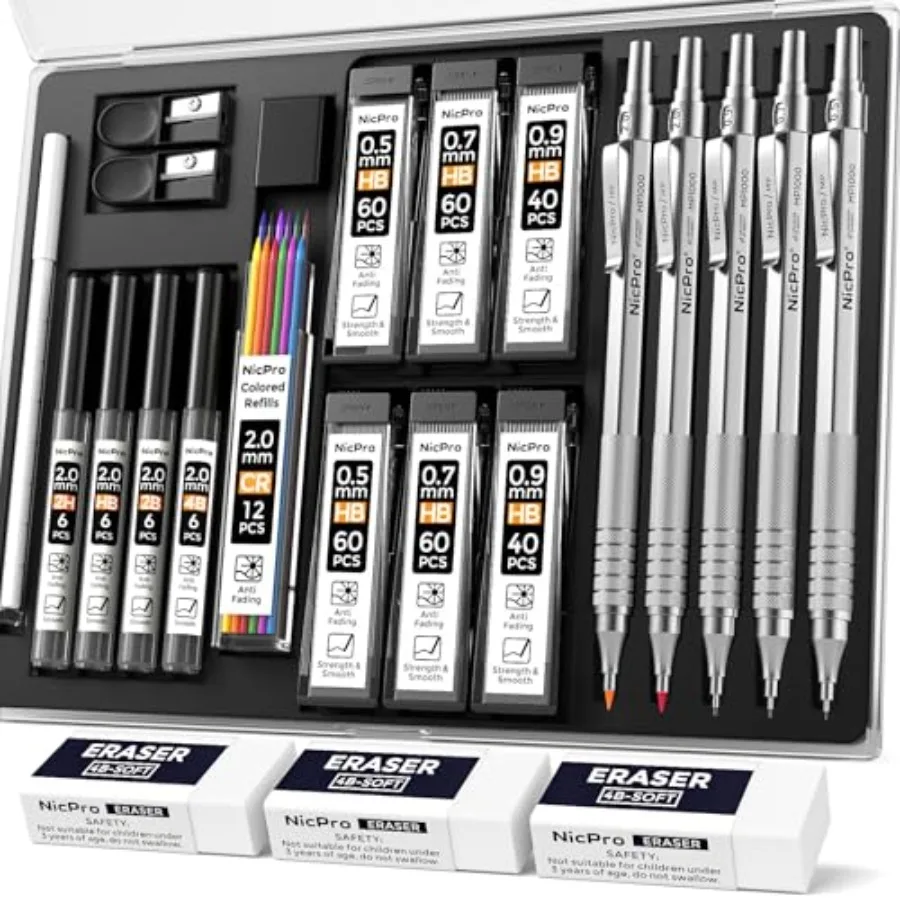 

22PCS Metal Mechanical Pencil Set in Case, Art Drafting Pencil 0.5, 0.7, 0.9 mm and 2 PCS 2mm Mechanical Drawing Pencils with 3