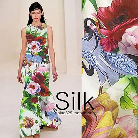 

Oriental mulberry Silk Linen fabric - Crane & Floral Design on Textured Natural Blend