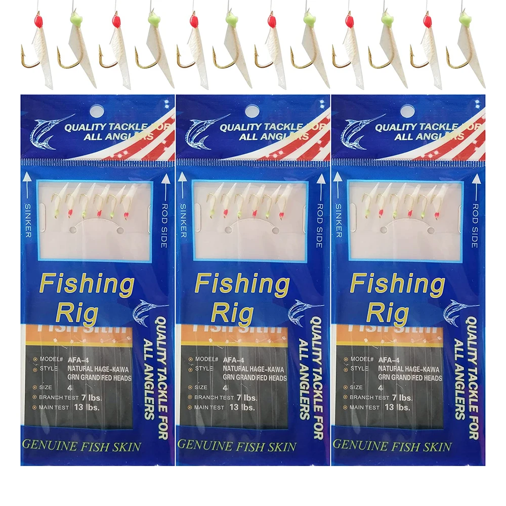 

60PCS=10Packs Saltwater Fishing Bait Rigs Glow fishing beads real Fish Skin Luminous Mackerel Fishing Rig Size 4# 6# 8#