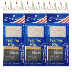 60PCS=10Packs Saltwater Fishing Bait Rigs Glow fishing beads real Fish Skin Luminous Mackerel Fishing Rig Size 4# 6# 8#