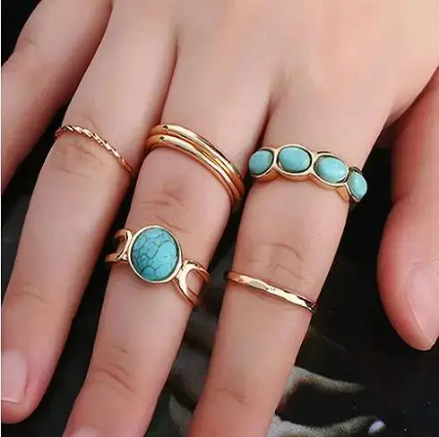 6Pcs/set Boho Style Retro Geometric Stone Resin Finger Rings Minimalist  Metal Rings Set for Women Men Personality Jewelry Gift