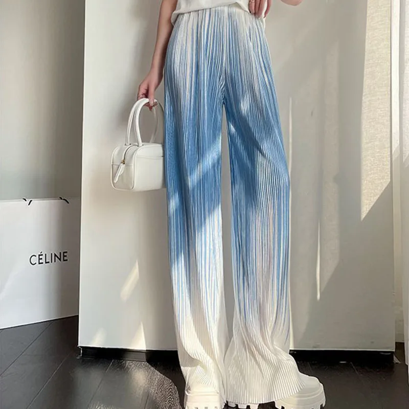 Zoki Streetwear Women Tie Dye Wide Leg Pants Summer High Waist Ice Silk Straight Trousers Fashion Gradient Loose Pleated Pants
