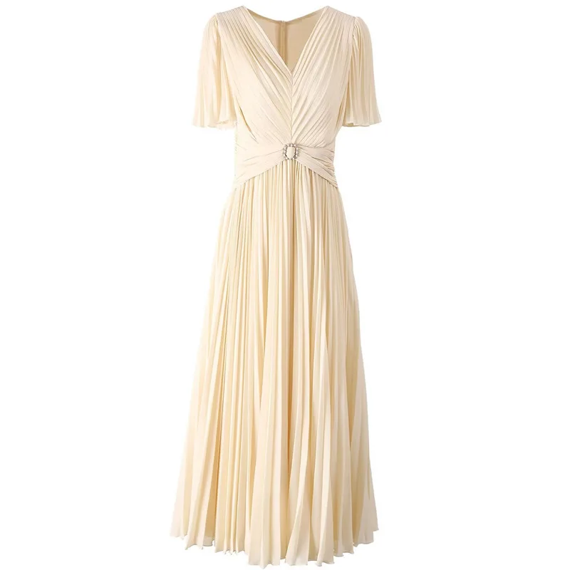 QMQA Fashion Women's Elegant Pleated Dresses V-neck Waist With Bead Buckle Lace Up Chiffon Large Hem Long Dress 2025 Female A839