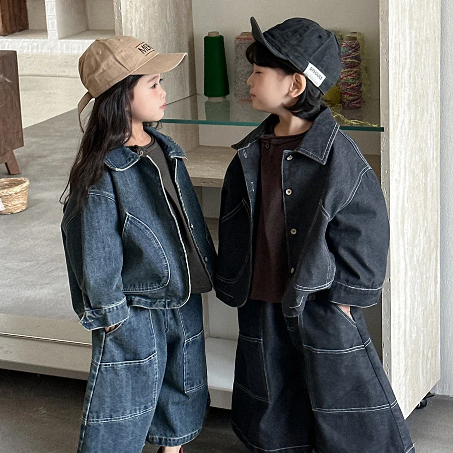 2026 Children's Spring Denim Shirt and Baby Boys and Girls' Wide Leg Pants Two Pieces Set with Horn