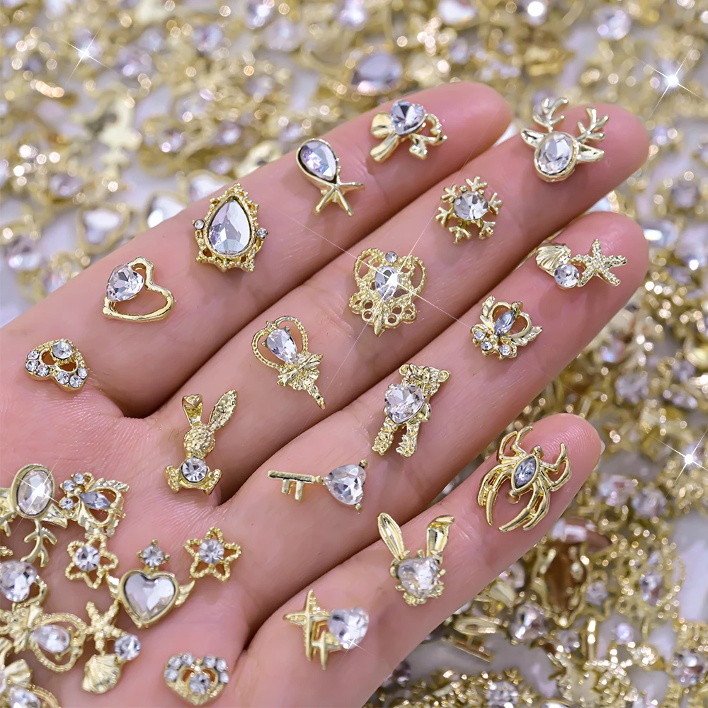 

30PCS Irregular Alloy Antlers Heart Nail Decoration Sparkling White Diamond Nail Charms Metal Rabbit Star Spider Nail Jewelry