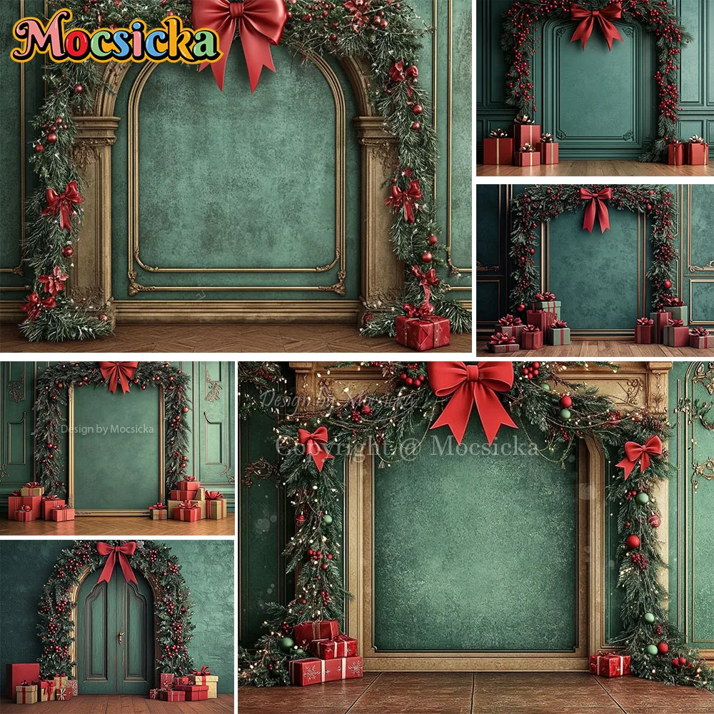 Mocsicka Fondo de puerta de Navidad fotografía Retro verde corona de Navidad regalo arco decoración telón de fondo invierno niños cumpleaños estudio fotográfico
