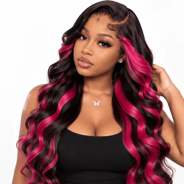 13x6 13x4 Black With Hot Pink Highlights Body Wave Lace Front Wig Human Hair Pre Plucked 250% Density Colored Human Hair Wig