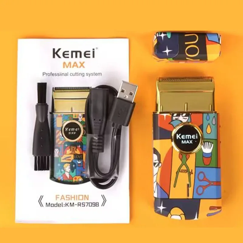 Kemei-Mini Afeitadora eléctrica portátil para hombres, máquina de afeitar con Graffiti aleatorio, recortadora de barba, afeitadora de pelo, KM-RS7098