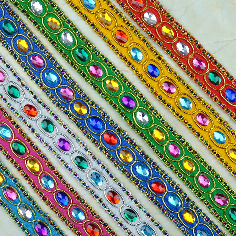 9M Ethnic Style Rhinestone Gem Lace Trim Crystal Applique Trimming Drama Stage Clothes Accessories Curtain DIY Decor Crafts