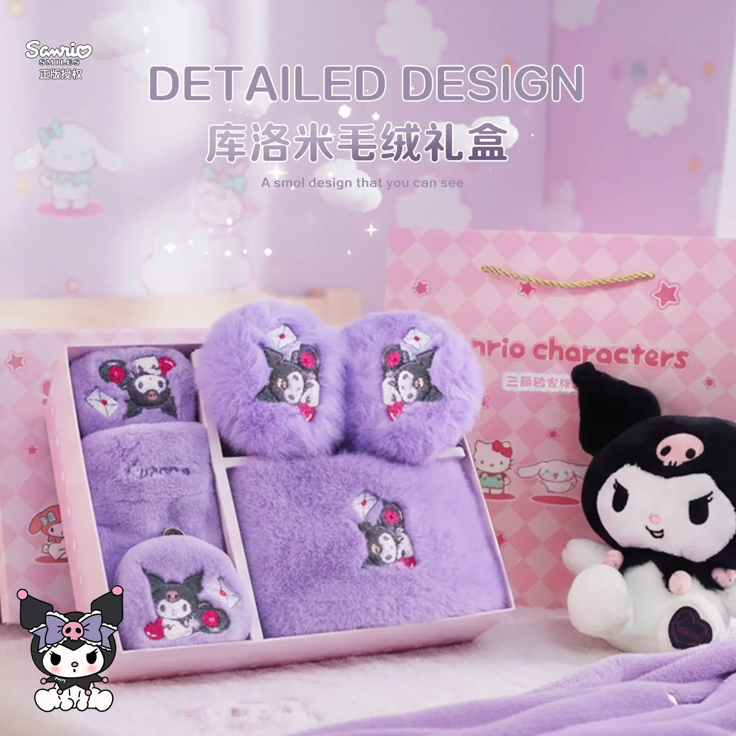 Sanrio Kuromi Cartoon süßes Mädchen Fleece warmer Halstuch kreative Kawaii Mädchen Herz verdickte kältebeständige Handschuhe und Ohrenwärmer