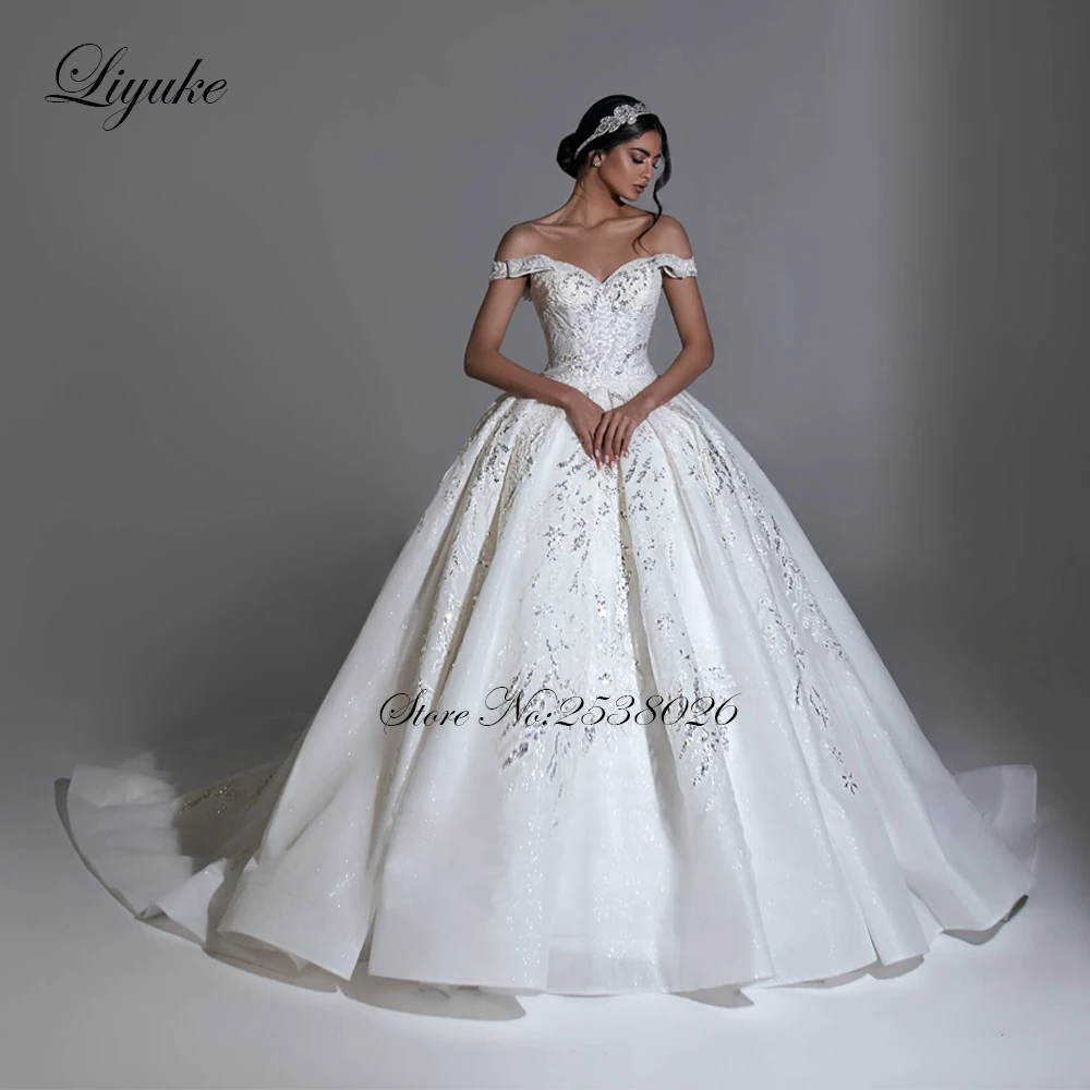 Liyuke Elegant Sweetheart Ball Gown Wedding Dress Of Stunning Sequined Appliques Lace Off The Shoulder Bridal Skirts