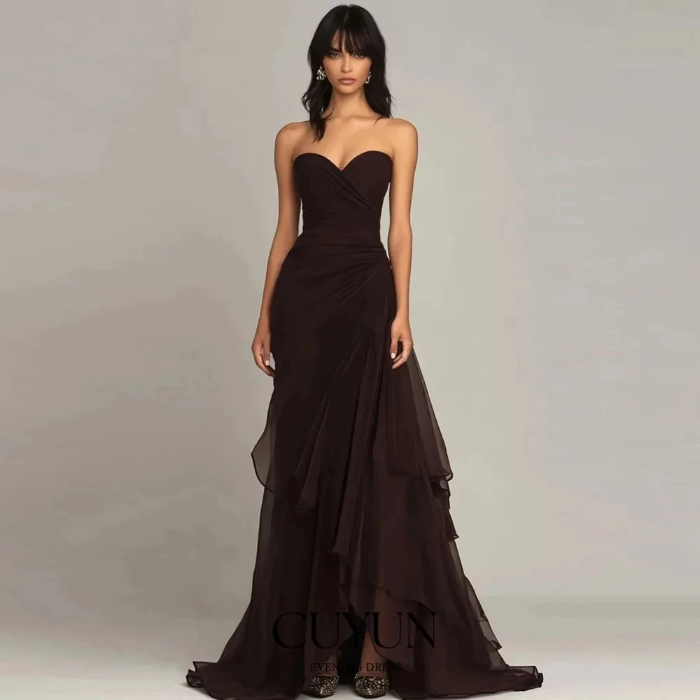 

Pleated Strapless Evening Dress Brown Long Prom Dress Formal Sexy Off-Shoulder Customizable Gown