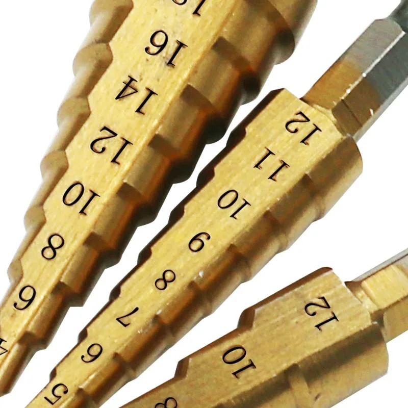 Hss Steel Titanium Coated Step Drill Bits 3-12mm 4-12mm 4-20mm Step Cone Cutting Tools Steel Wood Metal Drilling Power Set