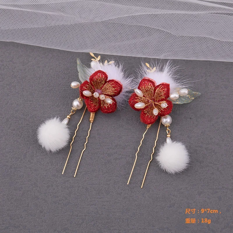 Red Floral Hair Comb Wedding Accessories Golden Pearl Tiaras Hairpin Charm Girls Wedding Headpiece Bride Crown Gift Hair Jewelry