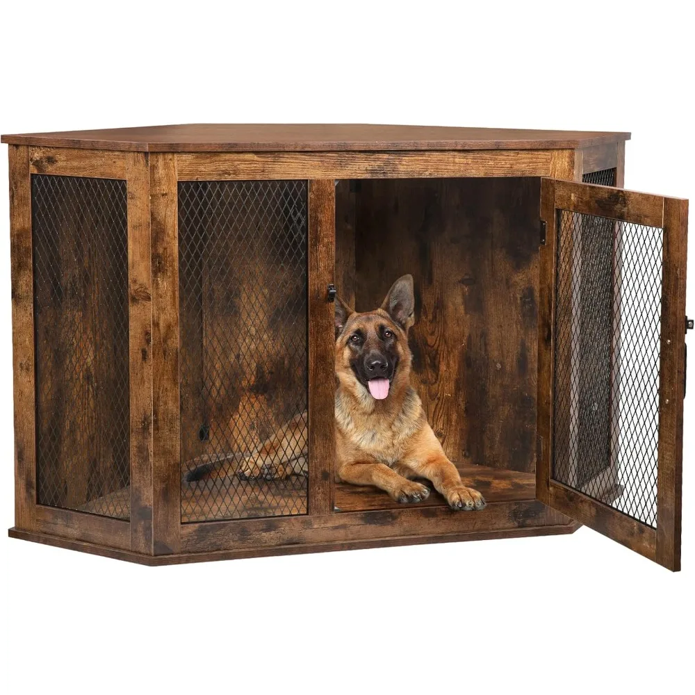 

52 Inch Large Corner Dog Crate Furniture,Wooden Dog Kennel End Table with Metal Mesh, Decorative Pet House for Large/Med