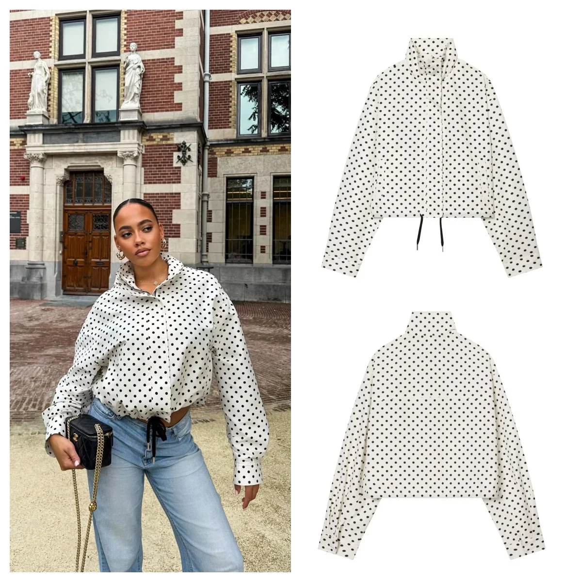 Guobioziy Chaqueta de mujer con estampado de lunares, cuello alto, estilo aviador holgado, manga larga, con cordón, estilo bomber, cierre de cremallera, abrigo corto